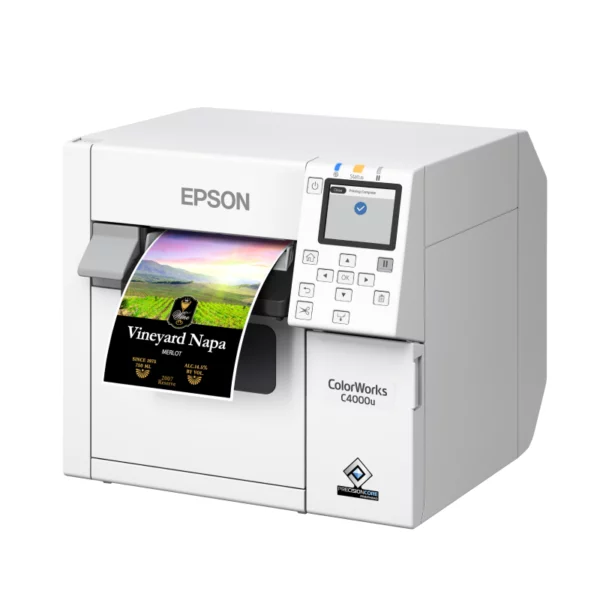 L'EPSON ColorWorks C4000 est une imprimante d’étiquettes jet d'encre couleur bureau, performante, fiable et économique. Elle imprime des étiquettes couleurs de haute qualité à la demande, avec une résolution jusqu’à 1200 x 1200 dpi, une vitesse jusqu’à 100 mm/s et une largeur d'impression jusqu’à 108 mm.