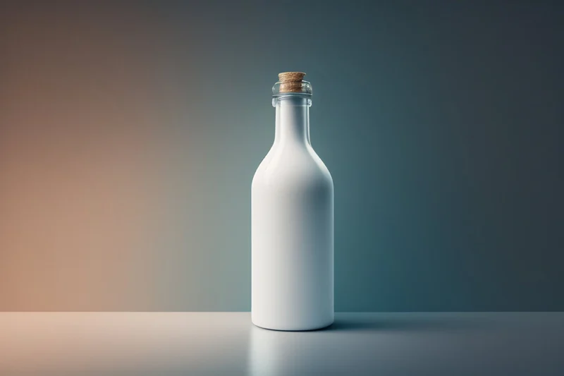 Bouteille blanche avec étiquette personnalisable, idéale pour les artisans et industriels, sur un fond épuré.