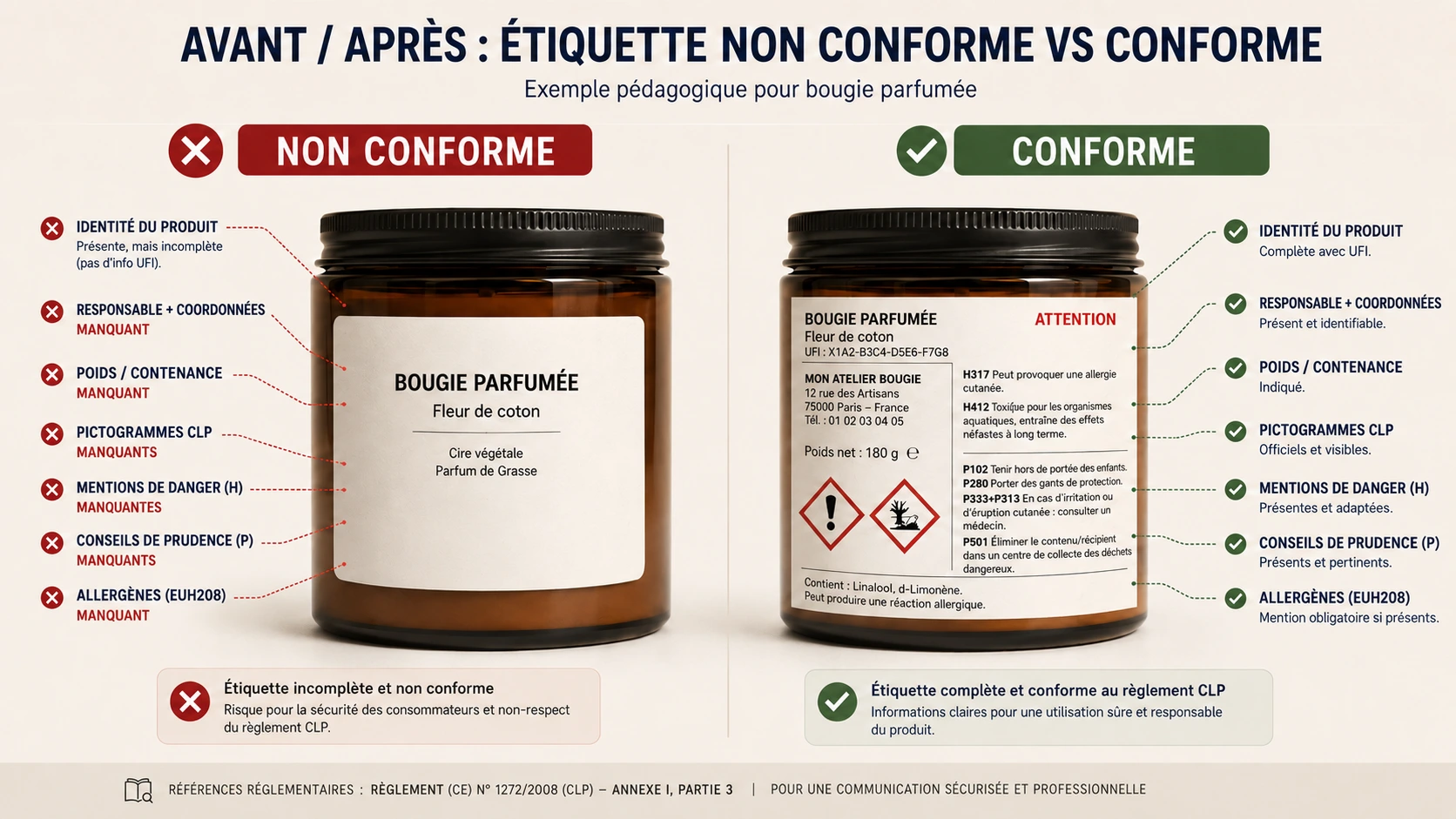 Comparatif d'une étiquette de bougie non conforme et conforme au règlement CLP