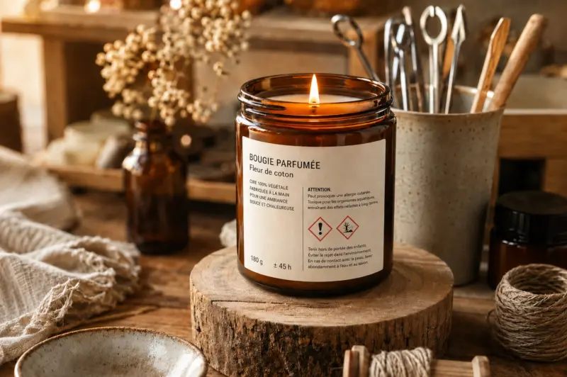 Bougie parfumée artisanale avec une étiquette CLP conforme