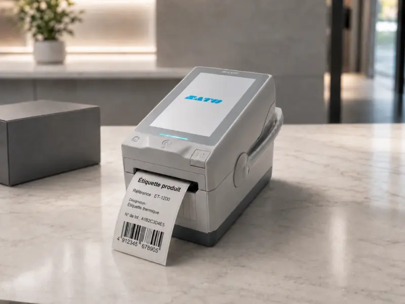 Imprimante thermique SATO imprimant une étiquette code-barres