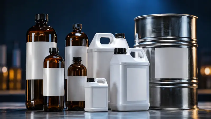 Bidons, flacons et fût de produits chimiques avec étiquettes vierges avant marquage CLP