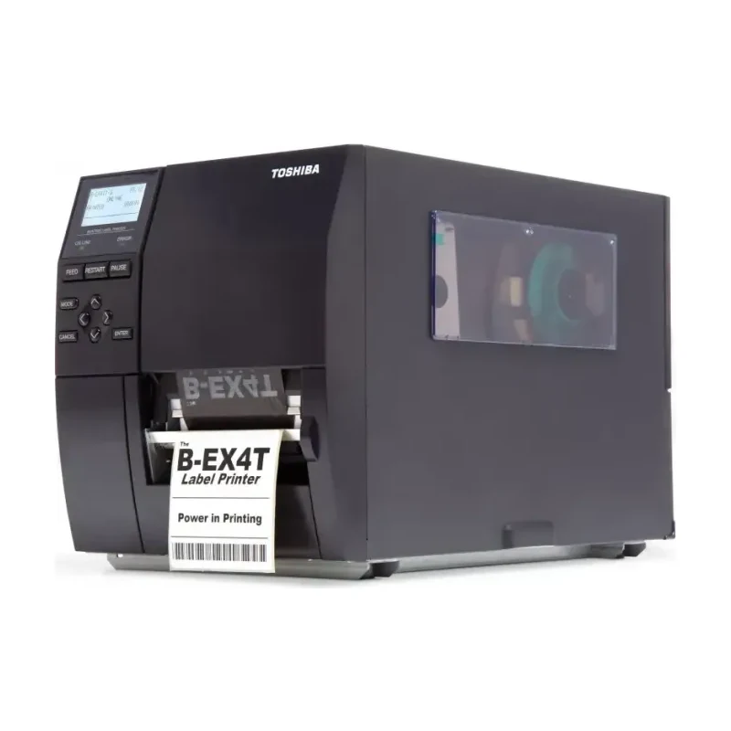 Imprimante d'étiquettes industrielle TOSHIBA TEC B-EX4T1, vue de face avec étiquette en sortie