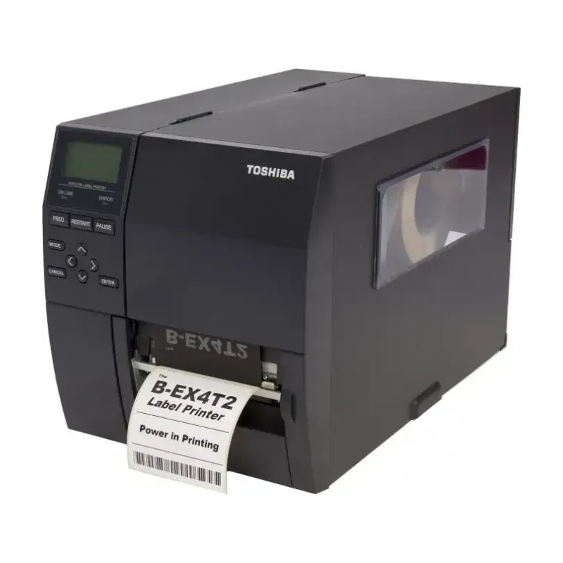 Imprimante d'étiquettes industrielle TOSHIBA TEC B-EX4T2, vue de face avec étiquette en sortie