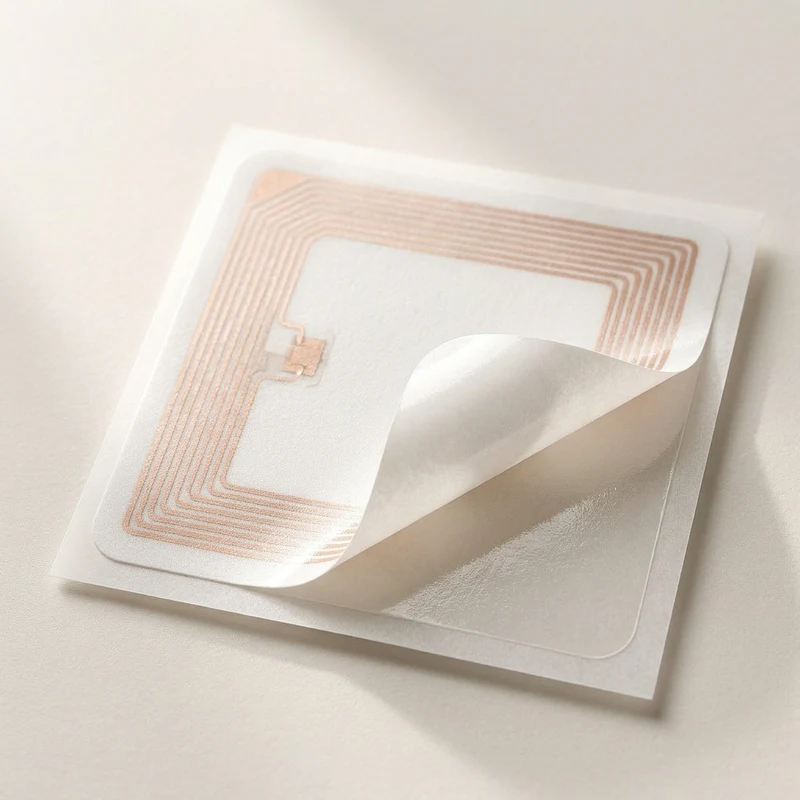 Étiquette RFID : antenne cuivrée et puce visibles sous la surface