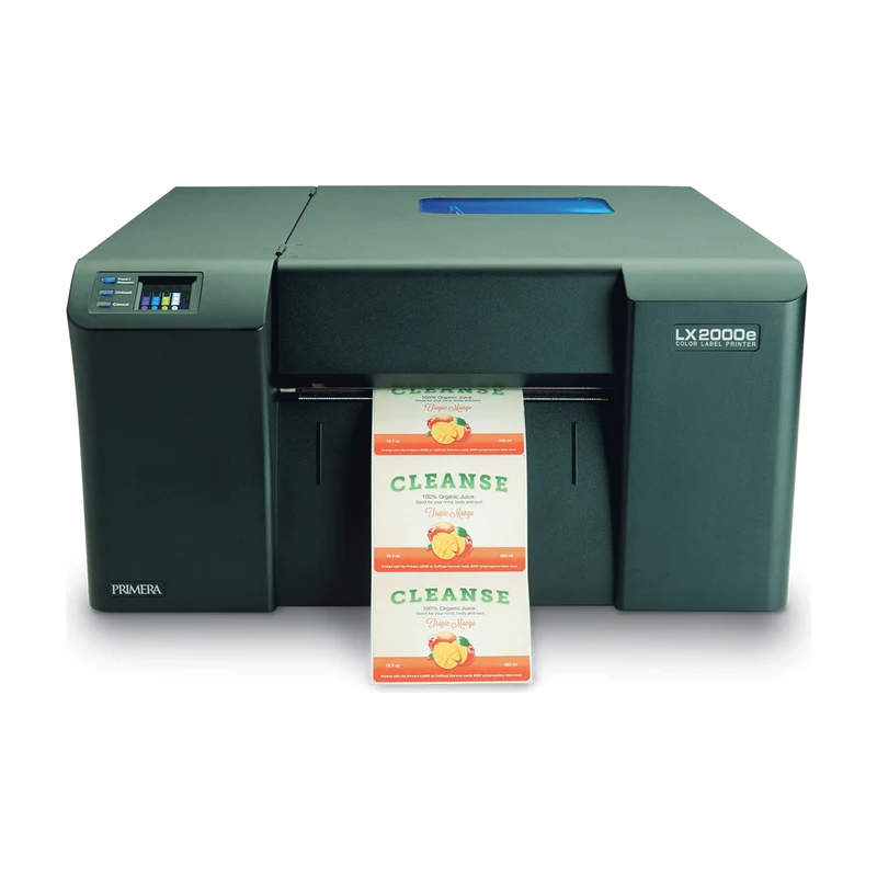 Imprimante d’étiquettes couleur PRIMERA LX2000e vue de face, étiquettes en sortie