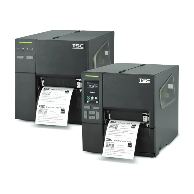 Imprimantes d’étiquettes industrielles TSC MB240 et MB240T côte à côte, étiquettes en sortie