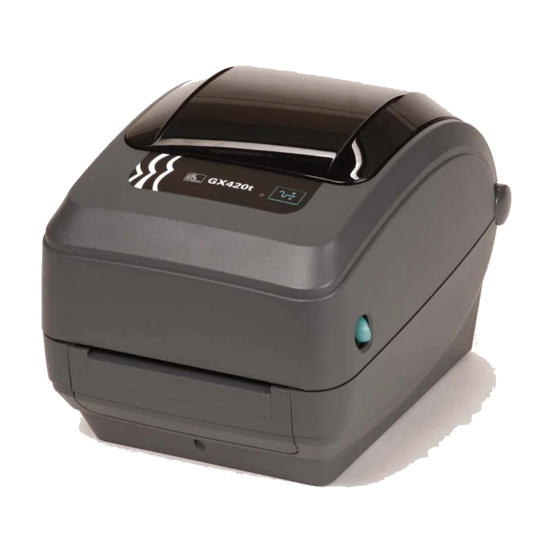 Imprimante d’étiquettes de bureau Zebra GX420t vue de trois quarts, capot fumé