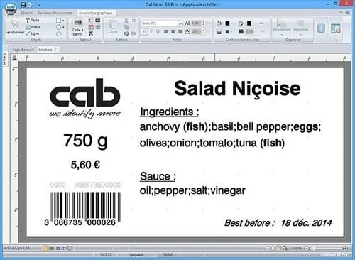 Interface du logiciel cablabel S3 : création d'une étiquette alimentaire avec code-barres et ingrédients