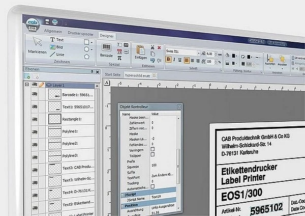 Interface du logiciel cablabel S3 : conception d'une étiquette d'imprimante cab
