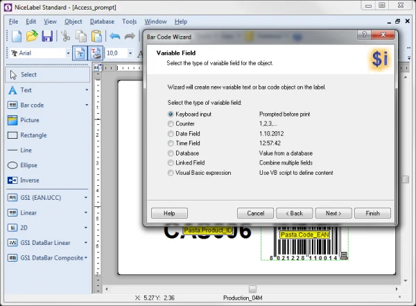 Interface du logiciel NiceLabel : assistant de création d'un champ variable