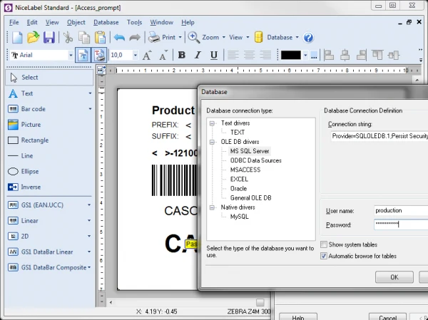 Interface du logiciel NiceLabel : connexion d'une étiquette à une base de données