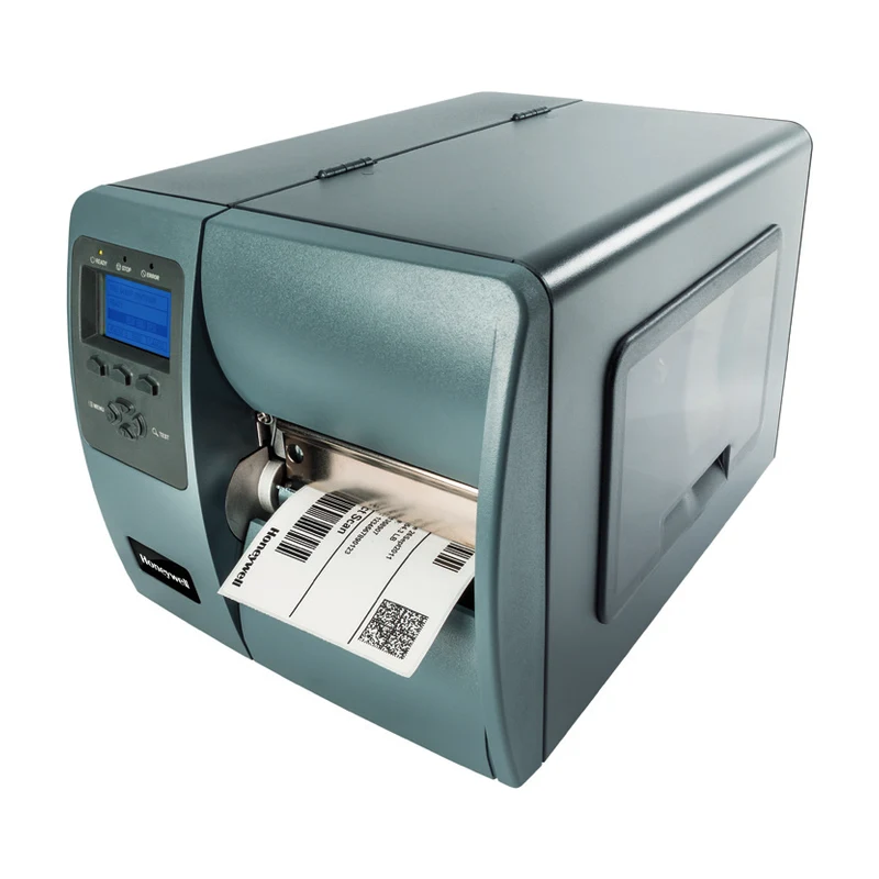 Imprimante d'étiquettes DATAMAX M-Class Mark II (Honeywell), vue trois quarts avec étiquette en sortie