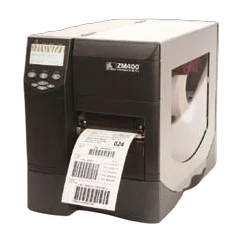 Imprimante d'étiquettes industrielle ZEBRA ZM400, vue trois quarts avec étiquette logistique en sortie