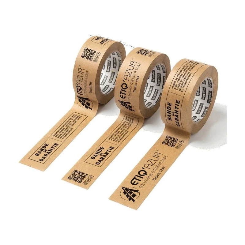 Trois rouleaux de scotch kraft personnalisé ECO-TAPE imprimés au logo Etiq'Azur avec une mention bande de garantie